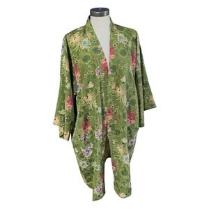 Shanghai Soho Green Floral Brocade Kimono Robe Open Front No Belt